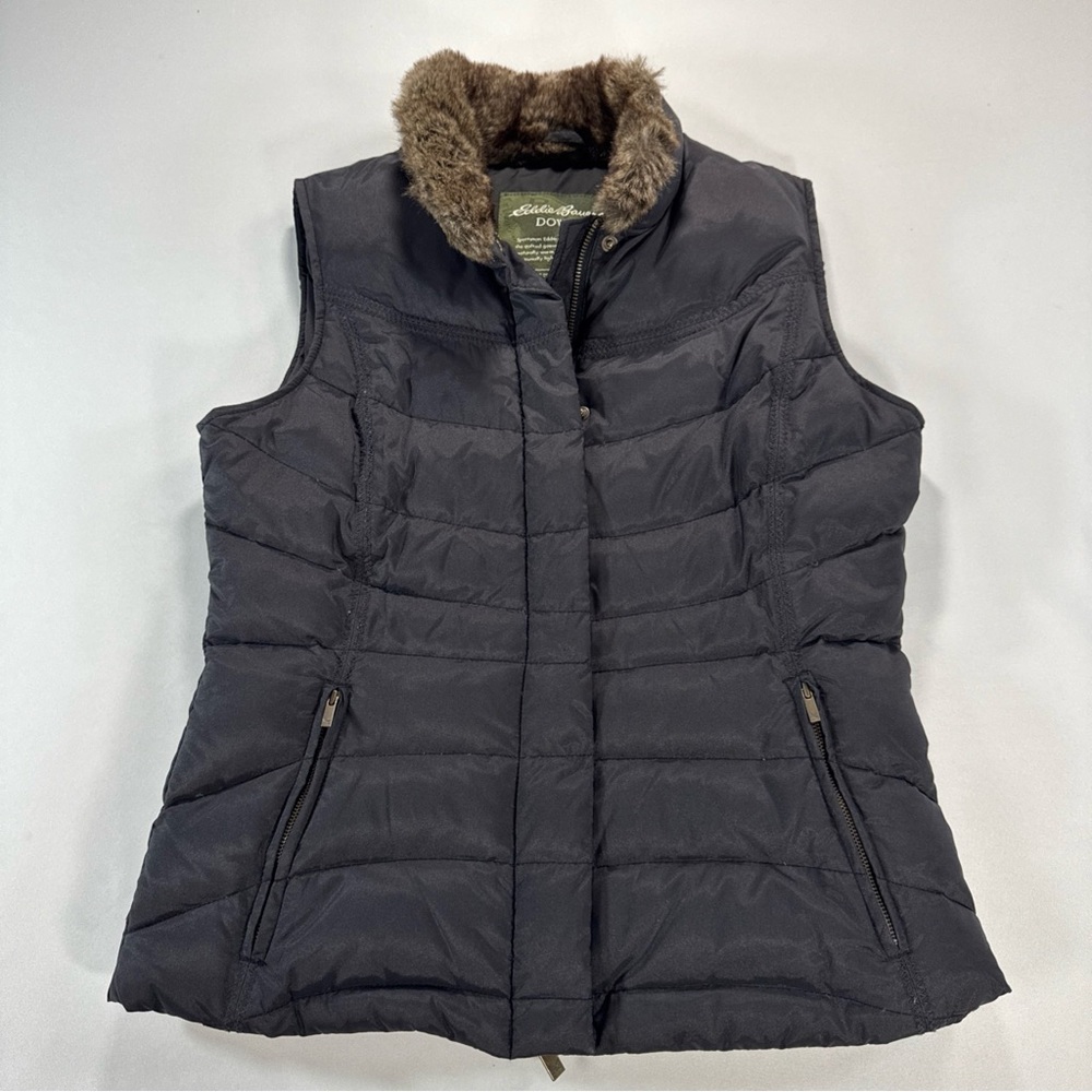Eddie Bauer Vest Womens S Black Quilted Goose Down Puffer Vest Faux Fur Collar